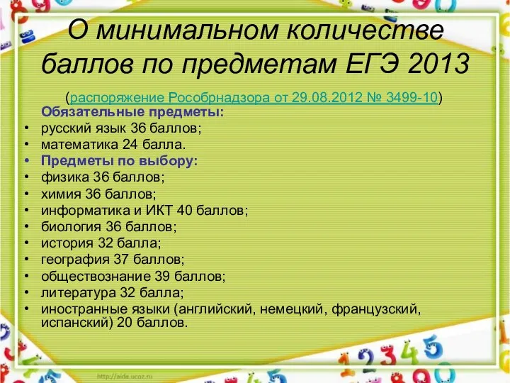 О минимальном количестве баллов по предметам ЕГЭ 2013 (распоряжение Рособрнадзора от