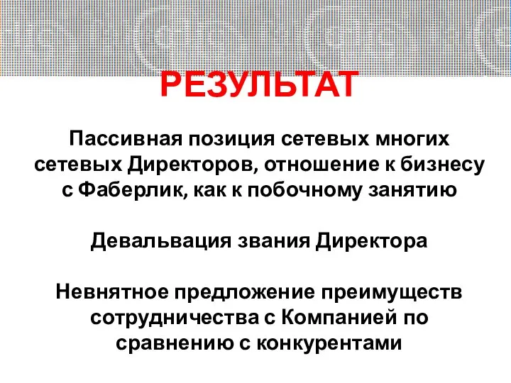 РЕЗУЛЬТАТ Пассивная позиция сетевых многих сетевых Директоров, отношение к бизнесу с