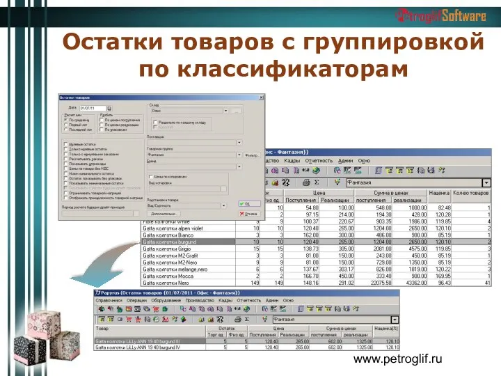 Остатки товаров с группировкой по классификаторам www.petroglif.ru