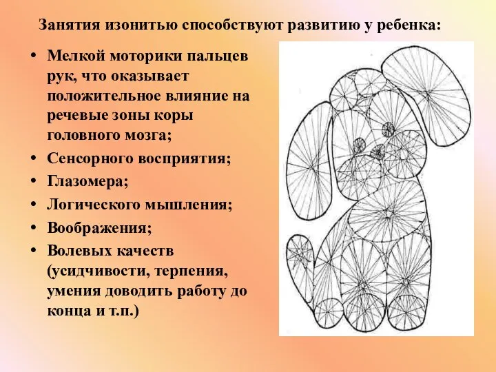 Мелкой моторики пальцев рук, что оказывает положительное влияние на речевые зоны