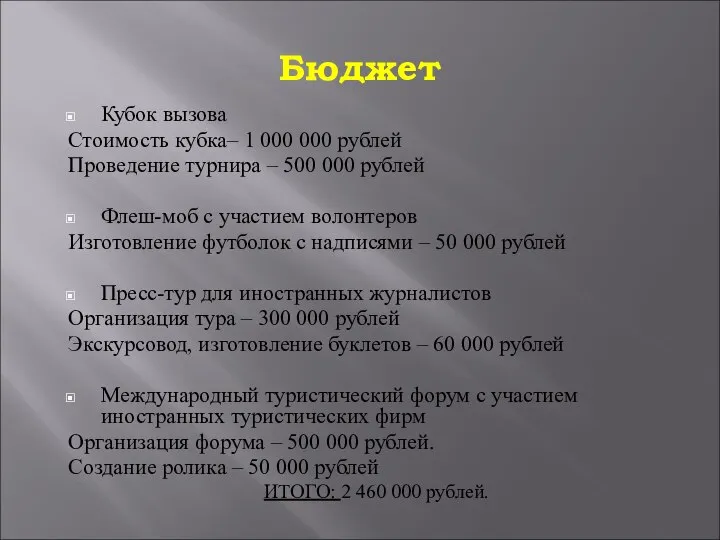 Бюджет Кубок вызова Стоимость кубка– 1 000 000 рублей Проведение турнира