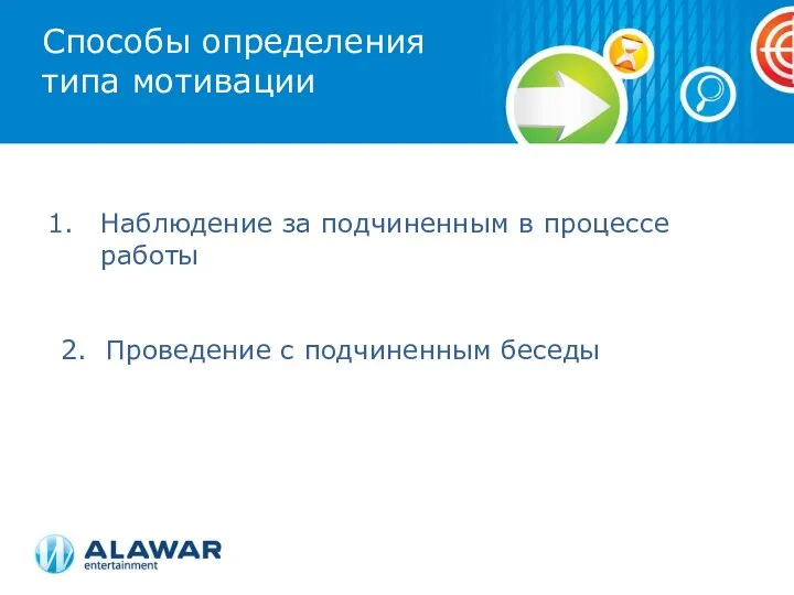 Способы определения типа мотивации Наблюдение за подчиненным в процессе работы 2. Проведение с подчиненным беседы