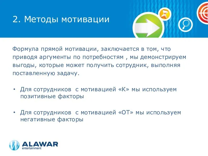 2. Методы мотивации Формула прямой мотивации, заключается в том, что приводя