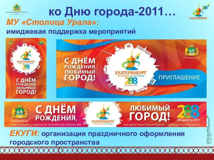 ко Дню города-2011… МУ «Столица Урала»: имиджевая поддержка мероприятий ЕКУГИ: организация праздничного оформления городского пространства