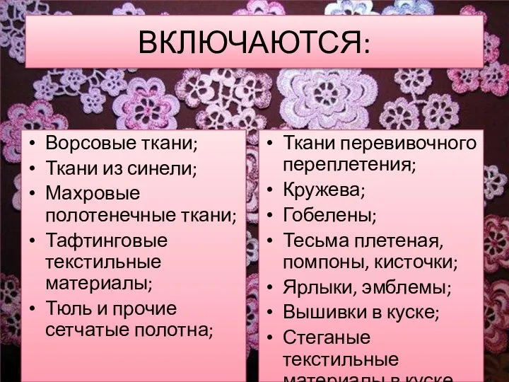 ВКЛЮЧАЮТСЯ: Ворсовые ткани; Ткани из синели; Махровые полотенечные ткани; Тафтинговые текстильные