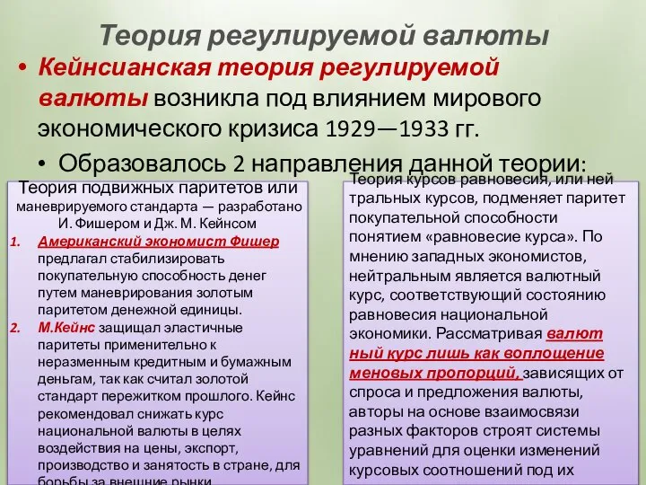 Теория регулируемой валюты Кейнсианская теория регулиру­емой валюты возникла под влиянием мирового