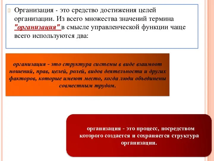 Организация - это средство достижения целей организации. Из всего множества значений