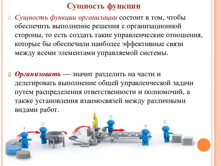 Сущность функции Сущность функции организации состоит в том, чтобы обеспечить выполнение