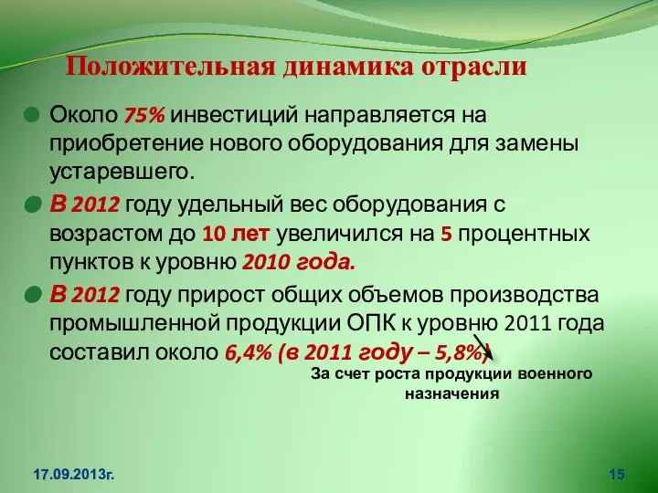 Положительная динамика отрасли Около 75% инвестиций направляется на приобретение нового оборудования