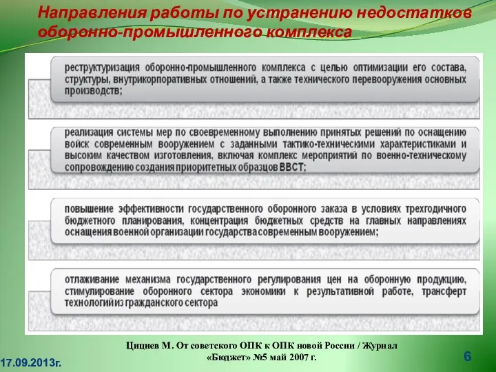 Направления работы по устранению недостатков оборонно-промышленного комплекса 17.09.2013г. Цициев М. От