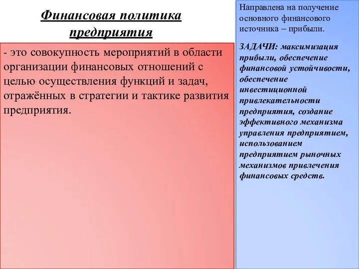 Направлена на получение основного финансового источника – прибыли. ЗАДАЧИ: максимизация прибыли,