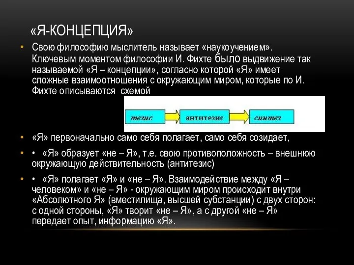 «Я-концепция» Свою философию мыслитель называет «наукоучением». Ключевым моментом философии И. Фихте