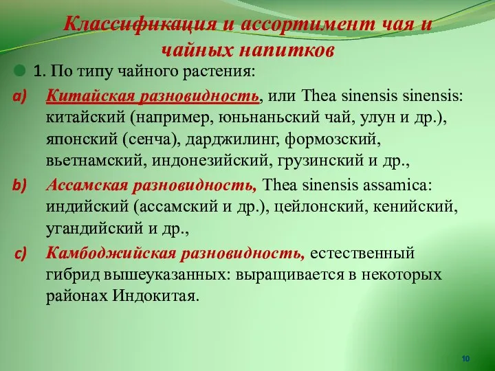 Классификация и ассортимент чая и чайных напитков 1. По типу чайного