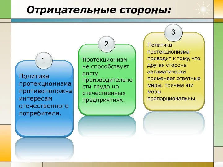 Отрицательные стороны: Политика протекционизма противоположна интересам отечественного потребителя.