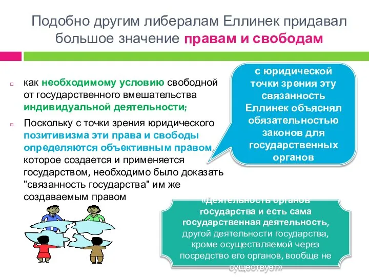 Подобно другим либералам Еллинек придавал большое значение правам и свободам как