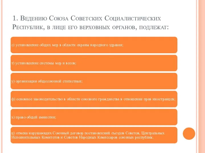 1. Ведению Союза Советских Социалистических Республик, в лице его верховных органов, подлежат: