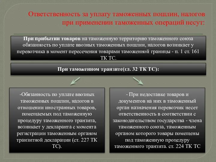 Ответственность за уплату таможенных пошлин, налогов при применении таможенных операций несут: