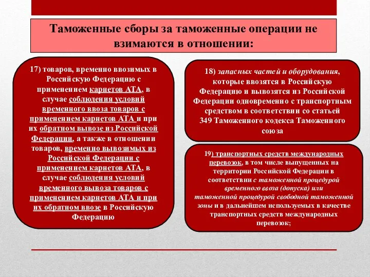 Таможенные сборы за таможенные операции не взимаются в отношении: 17) товаров,