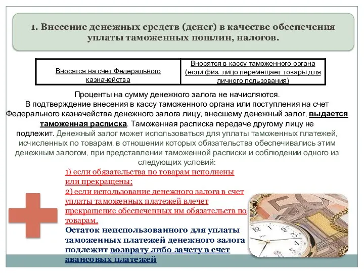 1. Внесение денежных средств (денег) в качестве обеспечения уплаты таможенных пошлин,