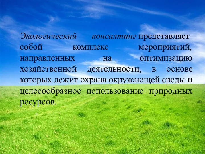 Экологический консалтинг представляет собой комплекс мероприятий, направленных на оптимизацию хозяйственной деятельности,