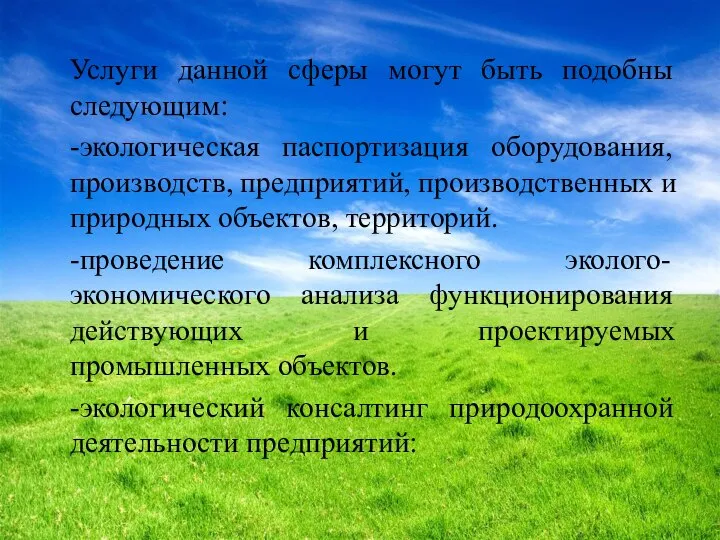 Услуги данной сферы могут быть подобны следующим: -экологическая паспортизация оборудования, производств,