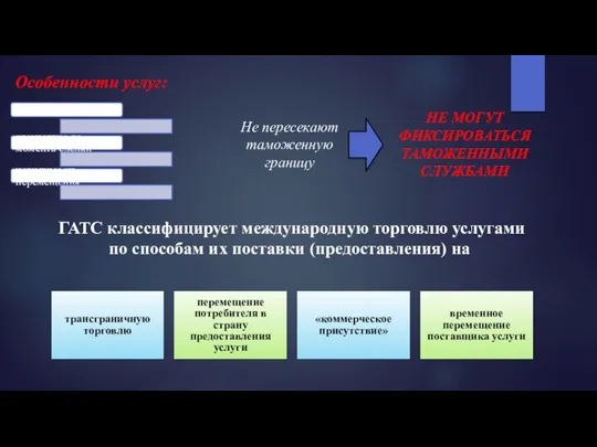 Особенности услуг: НЕ МОГУТ ФИКСИРОВАТЬСЯ ТАМОЖЕННЫМИ СЛУЖБАМИ Не пересекают таможенную границу