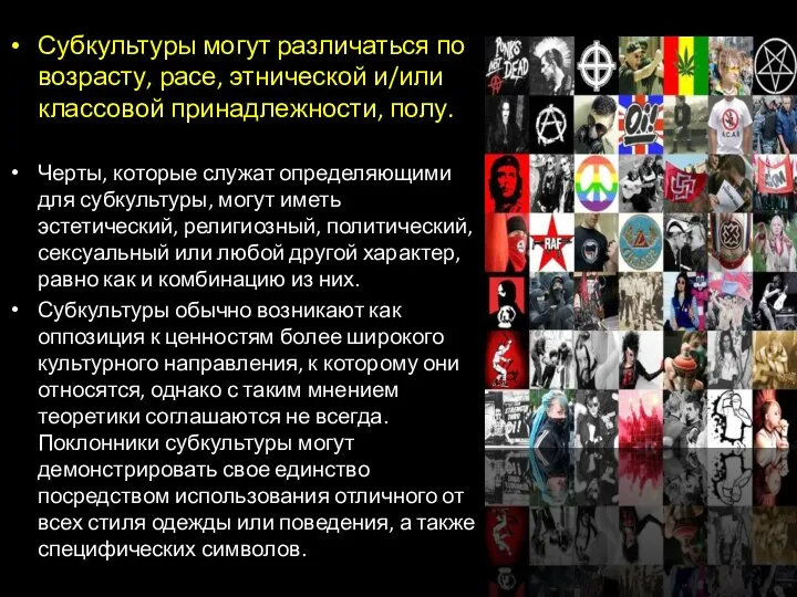 Субкультуры могут различаться по возрасту, расе, этнической и/или классовой принадлежности, полу.