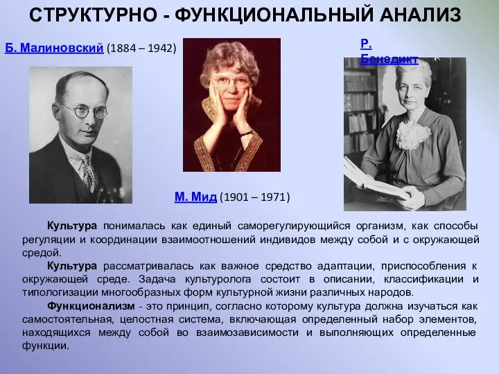 СТРУКТУРНО - ФУНКЦИОНАЛЬНЫЙ АНАЛИЗ Б. Малиновский (1884 – 1942) Культура понималась