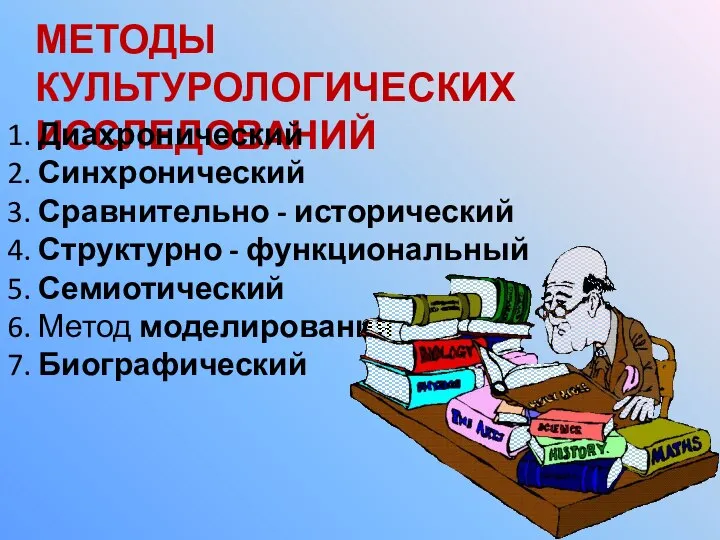 МЕТОДЫ КУЛЬТУРОЛОГИЧЕСКИХ ИССЛЕДОВАНИЙ 1. Диахронический 2. Синхронический 3. Сравнительно - исторический