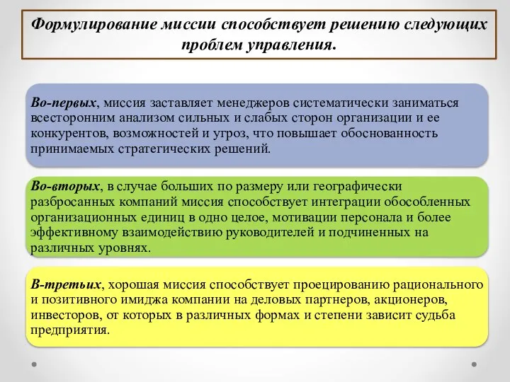 Формулирование миссии способствует решению следующих проблем управления.