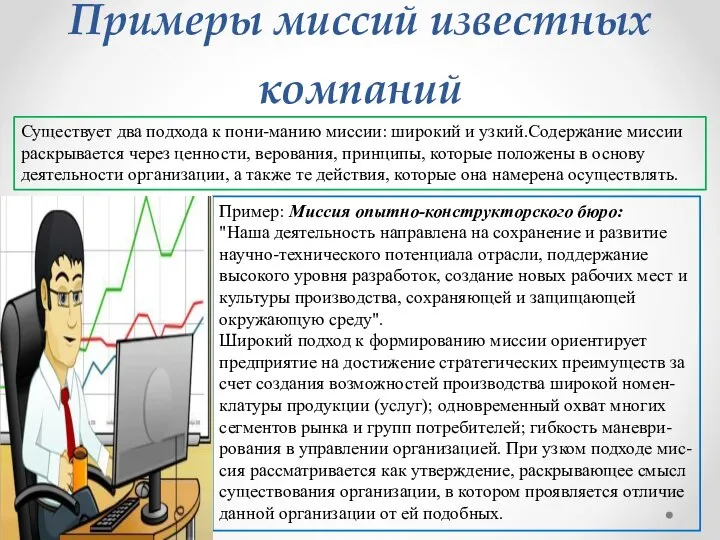 Примеры миссий известных компаний Существует два подхода к пони-манию миссии: широкий