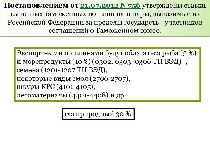 Постановлением от 21.07.2012 N 756 утверждены ставки вывозных таможенных пошлин на