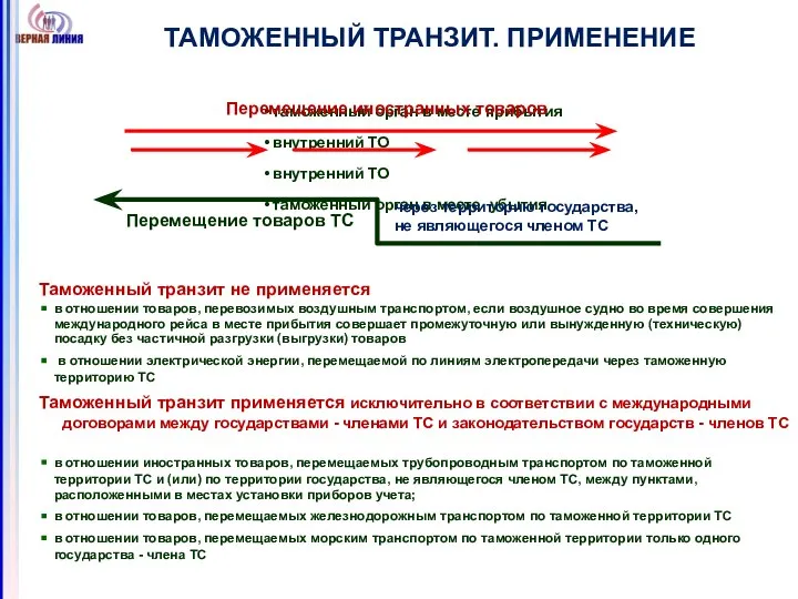 ТАМОЖЕННЫЙ ТРАНЗИТ. ПРИМЕНЕНИЕ Таможенный транзит не применяется в отношении товаров, перевозимых