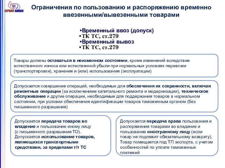 Ограничения по пользованию и распоряжению временно ввезенными/вывезенными товарами Товары должны оставаться