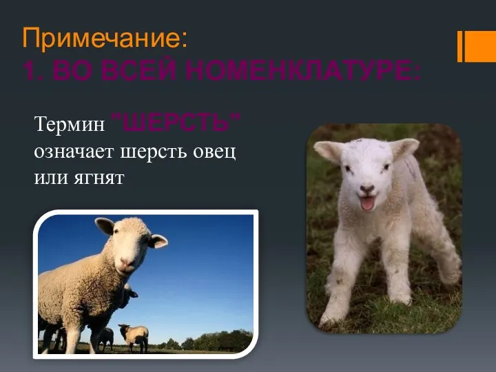 Примечание: 1. Во всей Hоменклатуре: Теpмин "шерсть" означает шерсть овец или ягнят