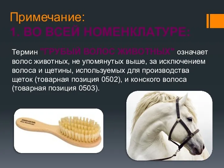 Примечание: 1. Во всей Hоменклатуре: Теpмин "грубый волос животных" означает волос