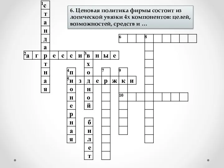 6. Ценовая политика фирмы состоит из логической увязки 4х компонентов: целей, возможностей, средств и …