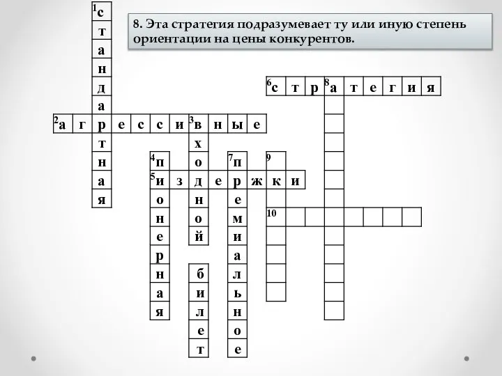 8. Эта стратегия подразумевает ту или иную степень ориентации на цены конкурентов.