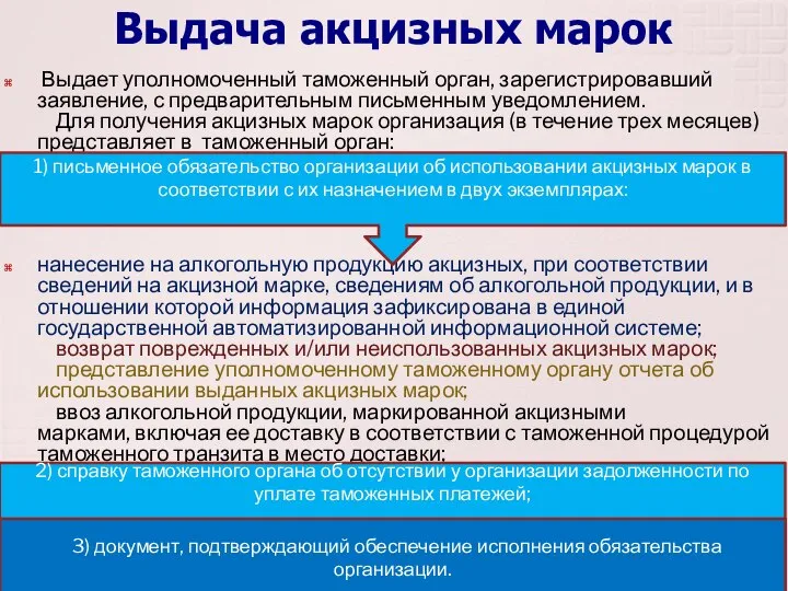 Выдача акцизных марок Выдает уполномоченный таможенный орган, зарегистрировавший заявление, с предварительным