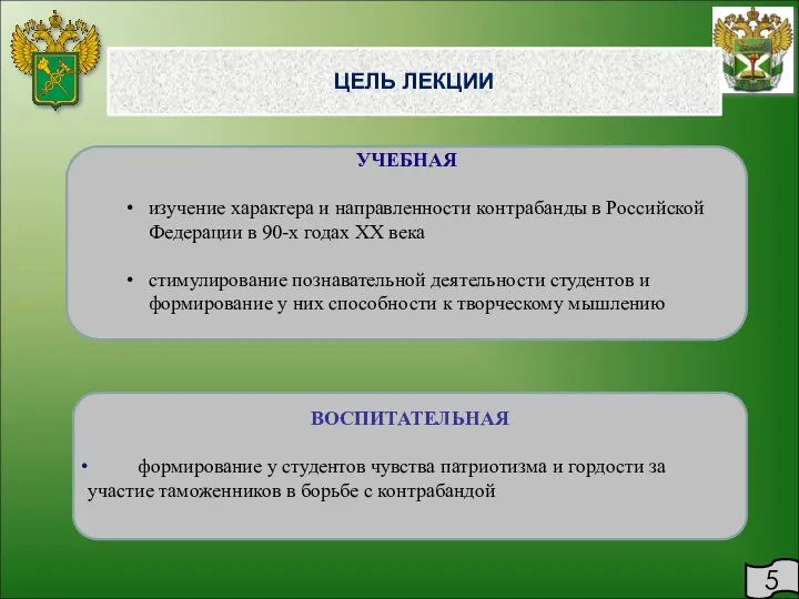 5 ЦЕЛЬ ЛЕКЦИИ УЧЕБНАЯ изучение характера и направленности контрабанды в Российской