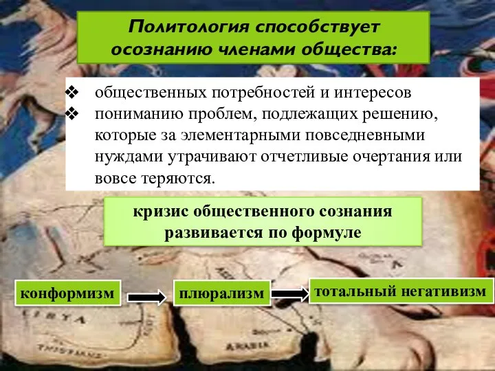 Политология способствует осознанию членами общества: общественных потребностей и интересов пониманию проблем,