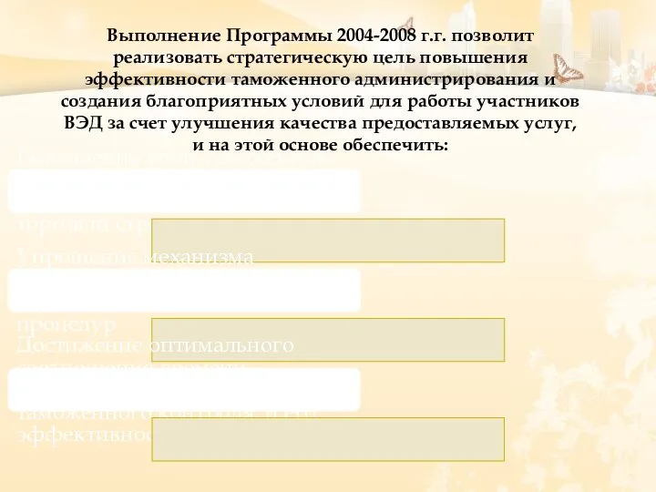 Выполнение Программы 2004-2008 г.г. позволит реализовать стратегическую цель повышения эффективности таможенного