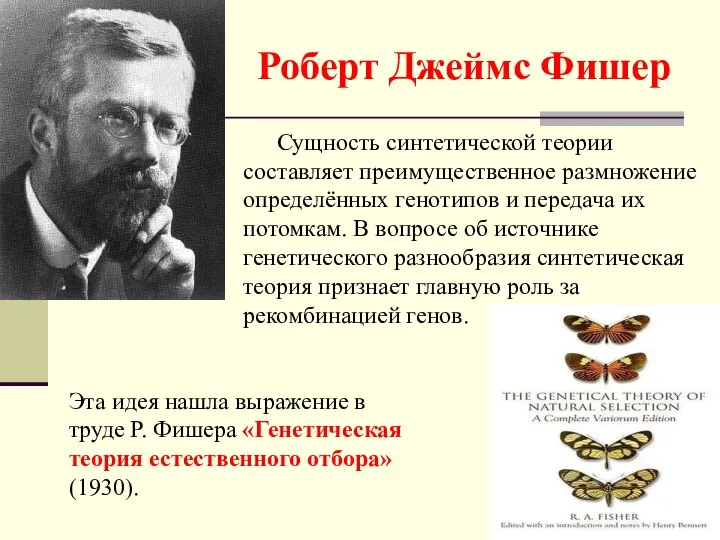 Роберт Джеймс Фишер Сущность синтетической теории составляет преимущественное размножение определённых генотипов