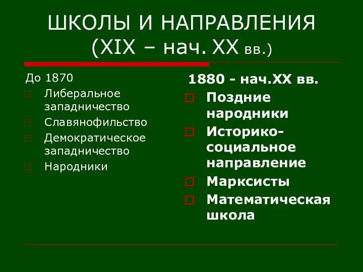 ШКОЛЫ И НАПРАВЛЕНИЯ (XIX – нач. XX вв.) До 1870 Либеральное