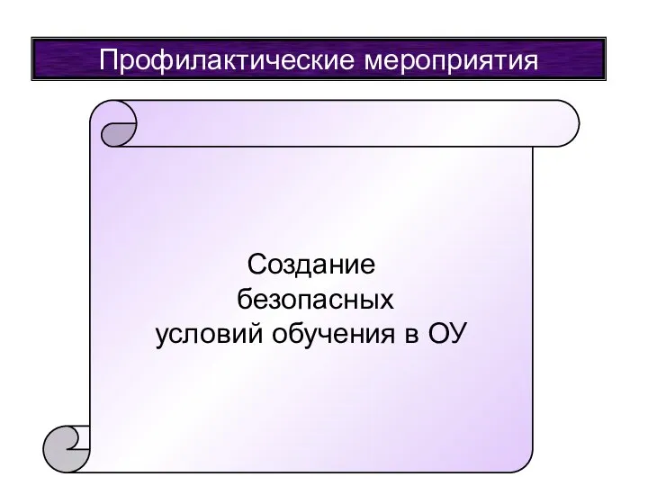 Профилактические мероприятия Создание безопасных условий обучения в ОУ