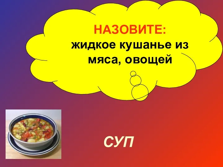 НАЗОВИТЕ: жидкое кушанье из мяса, овощей СУП