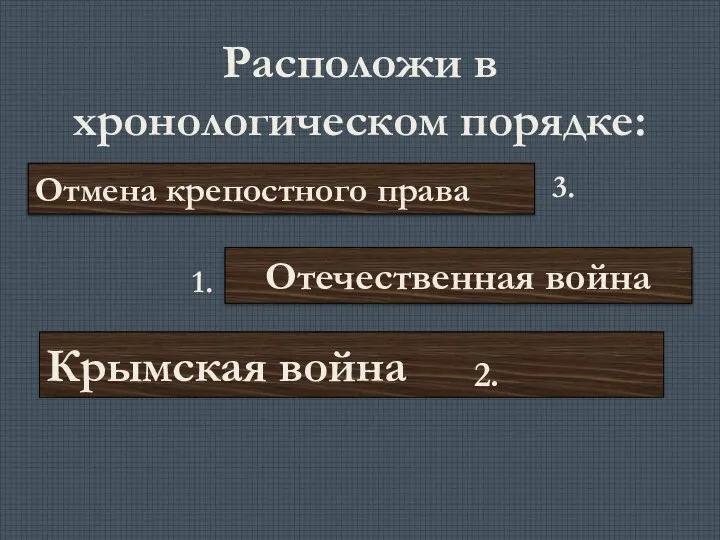 Расположи в хронологическом порядке: Отмена крепостного права Отечественная война Крымская война 1. 2. 3.