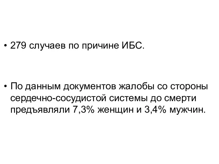 279 случаев по причине ИБС. По данным документов жалобы со стороны