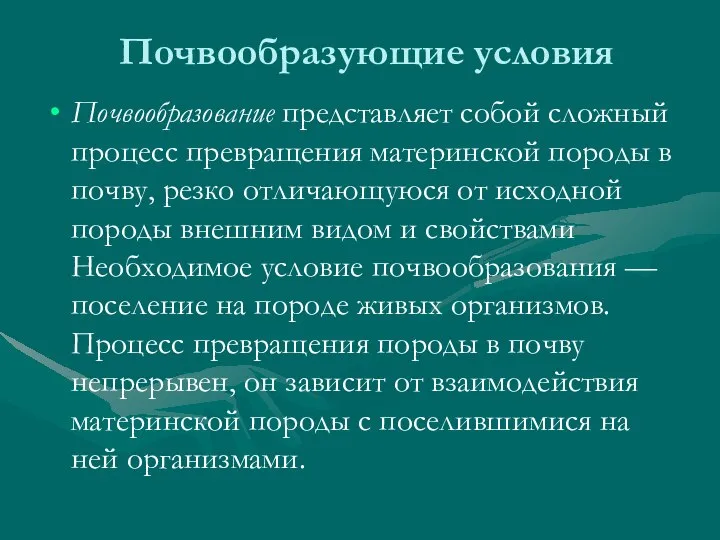 Почвообразующие условия Почвообразование представляет собой сложный процесс превращения материнской породы в