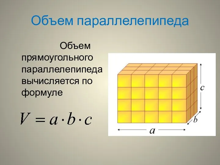 Объем параллелепипеда Объем прямоугольного параллелепипеда вычисляется по формуле